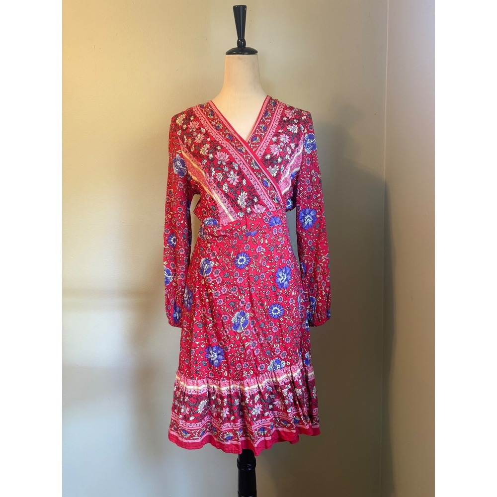 ZESICA Boho Floral Wrap Dress Red Long Sleeve Ruffle Large whimsigoth cottage Bl